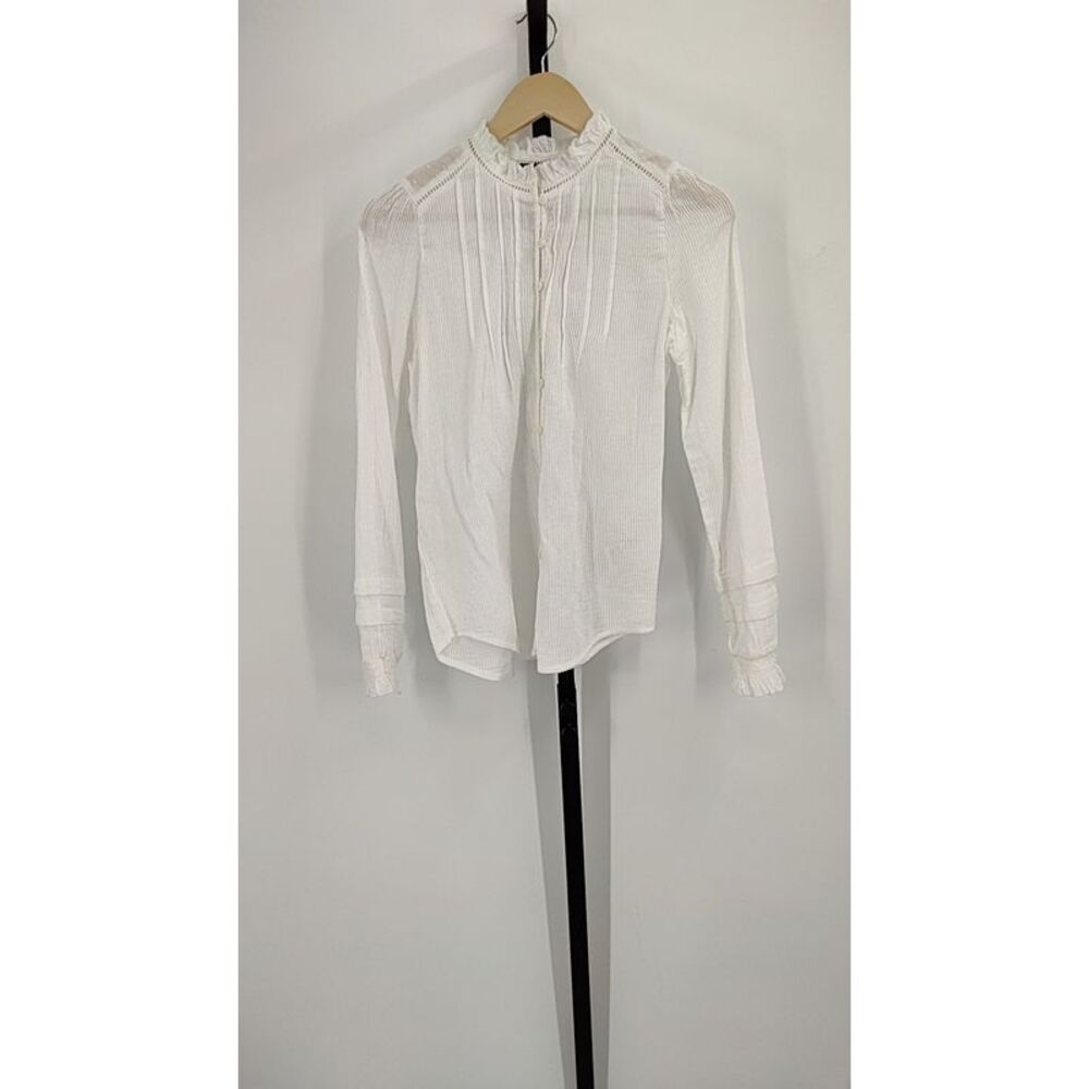 Quince Women Organic Textured Cotton Peasant Blouse White Sleeved Top M - Picture 2 of 3